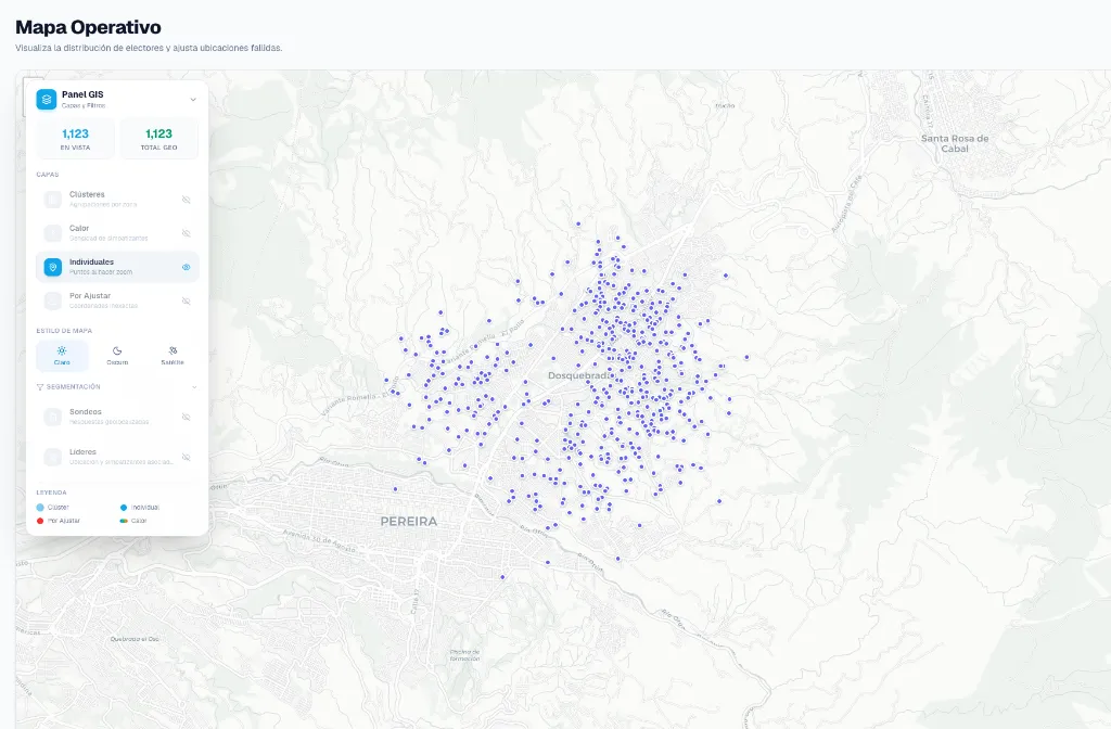 Mockup del panel GIS y mapas de calor